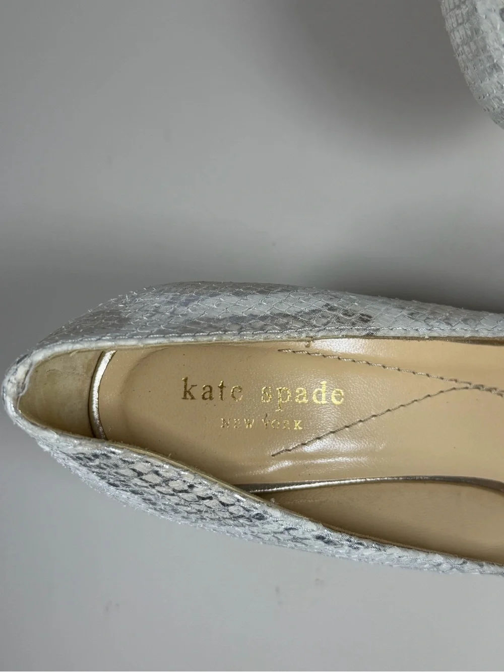 kate spade Silver Snake-Embossed Peep Toe Heels with Bow